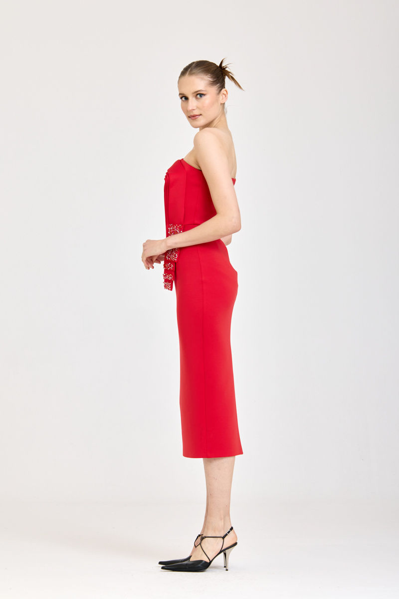 Miniature : Robe Asymétrique Rouge Mi-Longue