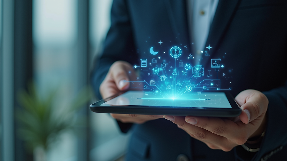Close-up view of a consultant presenting AI strategy concepts on a digital tablet