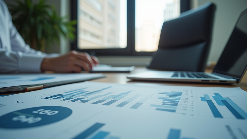 Eye-level view of a modern office workspace with a laptop and data charts