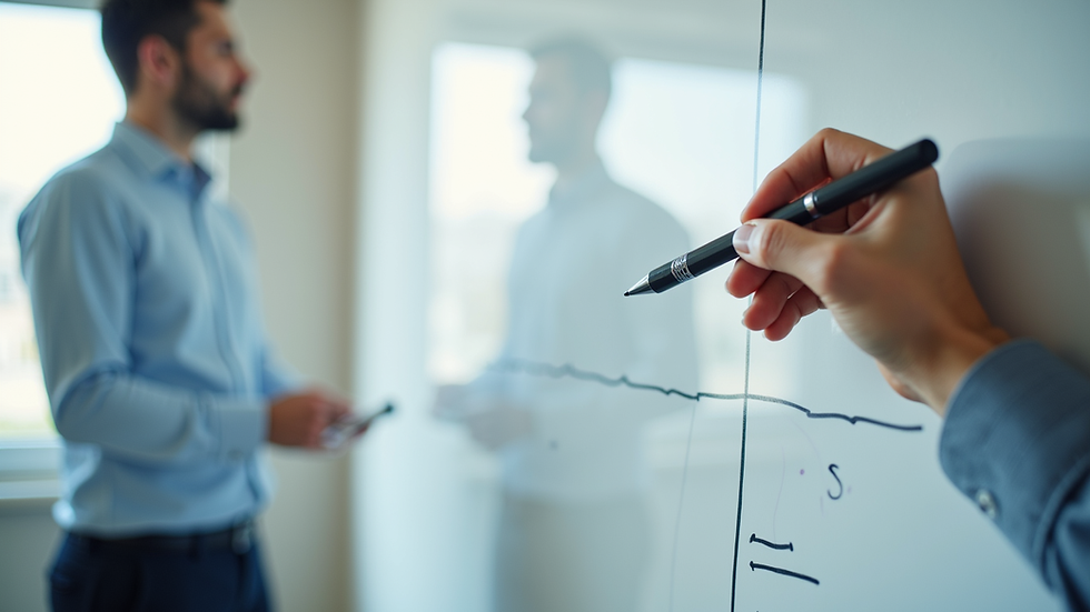 Eye-level view of a professional writing strategic plans on a whiteboard