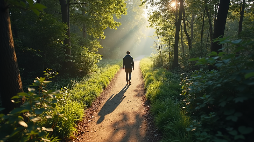 High angle view of a single person walking on a path surrounded by nature