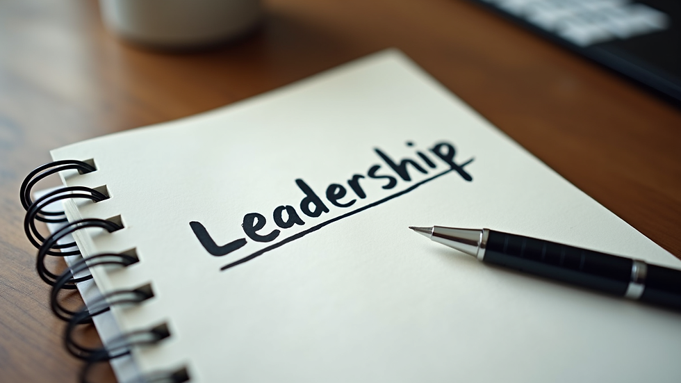 Close-up view of a notebook with leadership notes and a pen on a wooden desk