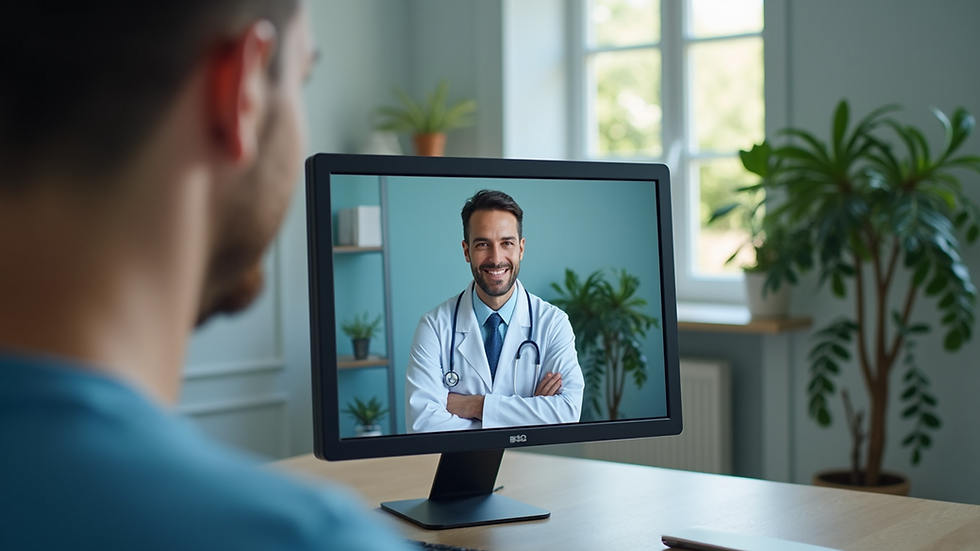 Eye-level view of a telehealth consultation on a computer screen