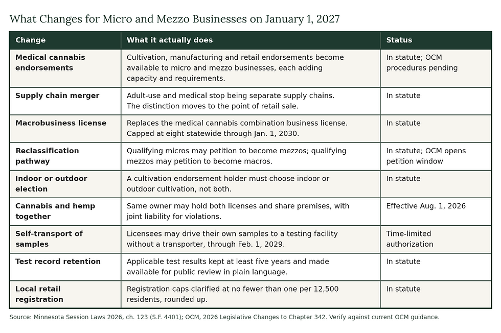 Table summarizing nine Minnesota cannabis law changes taking effect January 1, 2027, including medical endorsements, the supply chain merger, the new macrobusiness license, and the micro-to-mezzo reclassification pathway