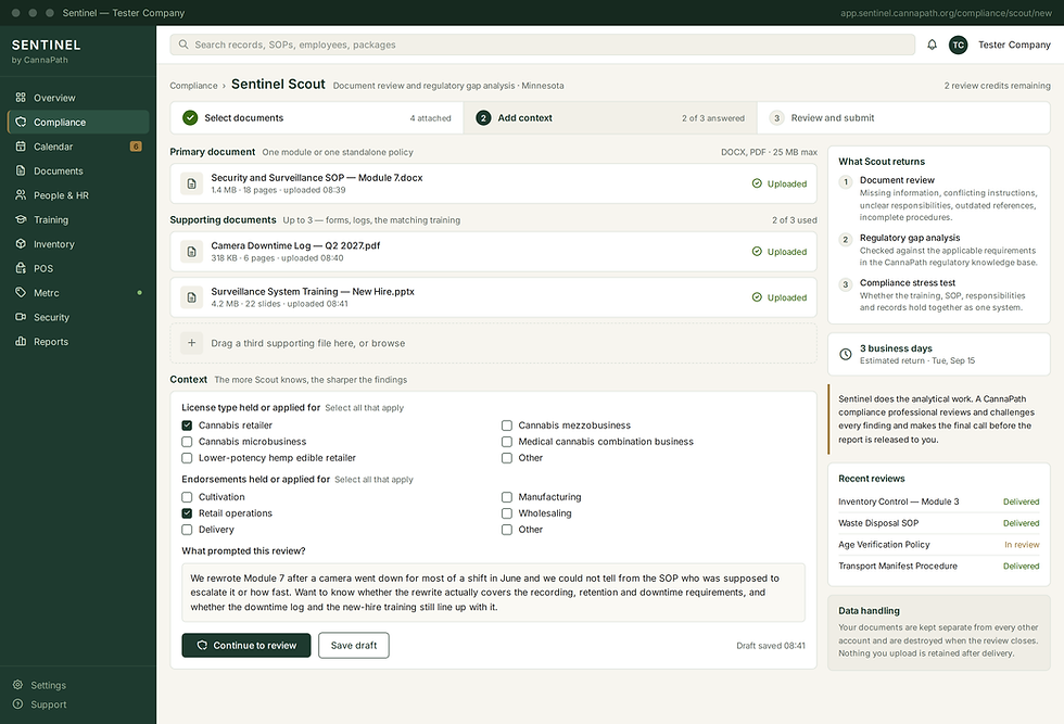 Sentinel Scout cannabis compliance gap analysis interface showing document selection and business context questions for reviewing a Minnesota cannabis SOP or policy.