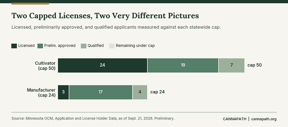 Chart of Minnesota cannabis cultivator and manufacturer licenses issued and preliminarily approved against each license cap as of September 21, 2026.