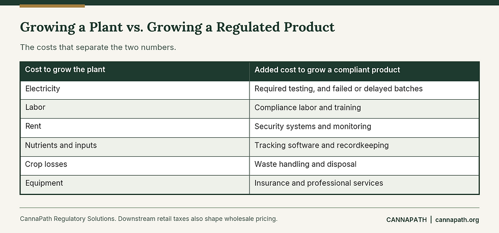 Table comparing the cost of growing a cannabis plant with the added cost of producing compliant, regulated cannabis in Minnesota.