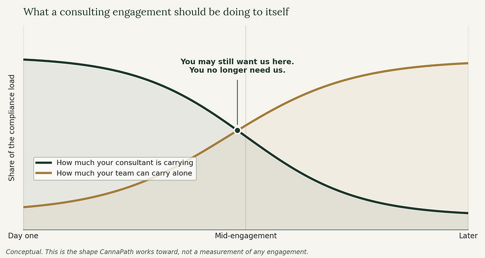 Diagram showing the consultant life cycle, shows how as you learn your dependance on your consultant should go down