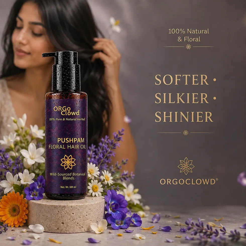 Thumbnail: Woman applying OrgoClowd Pushpam Floral hair oil for softer, silkier, shinier hair
