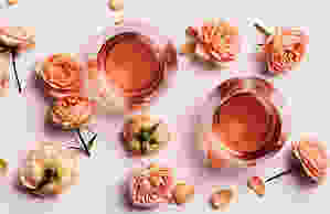 Two glasses of Rose Wine surrounded by pink roses and rose petals on a pink background.