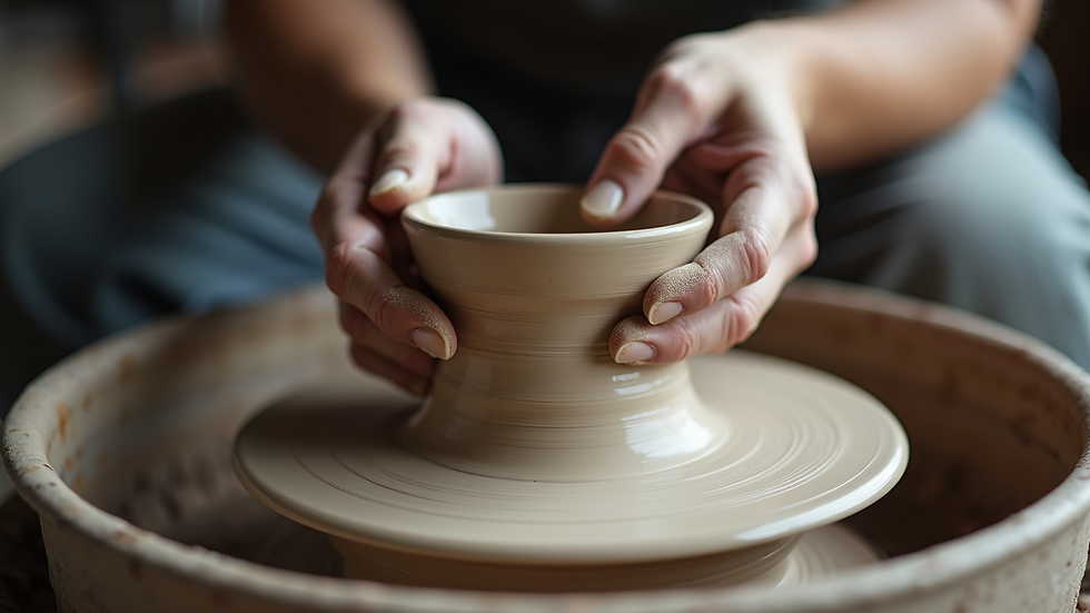 Close-up view of a sculptor’s hands shaping clay on a pottery wheel