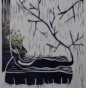 Black-and-white linocut-style artwork of a reclining human figure in profile, resting on one arm. The figure has stylized green plant-like shapes growing from their head. A bare tree branch extends overhead, and the background features vertical carved lines suggesting rain or texture