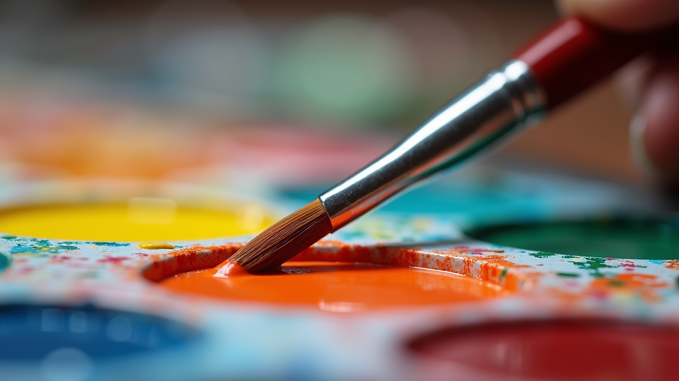 Close-up view of a paintbrush and palette with vibrant colors