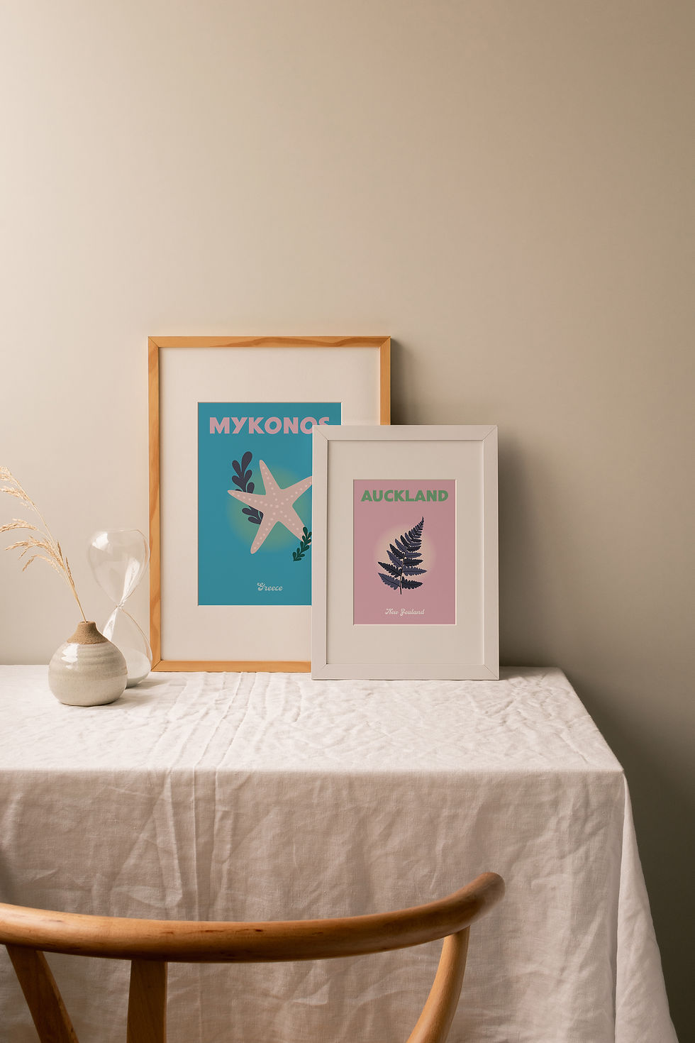 Thumbnail: Set of 3 Colourful Travel Destination Prints  – Waikiki, Aukland, Mykonos