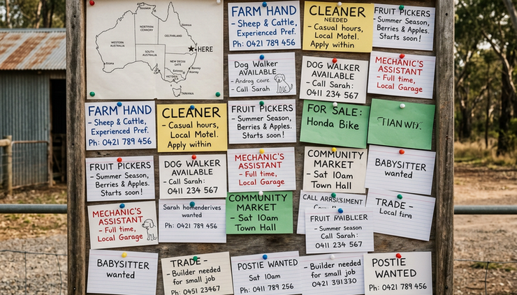 Eye-level view of a community noticeboard with pinned job cards and a map of Australia