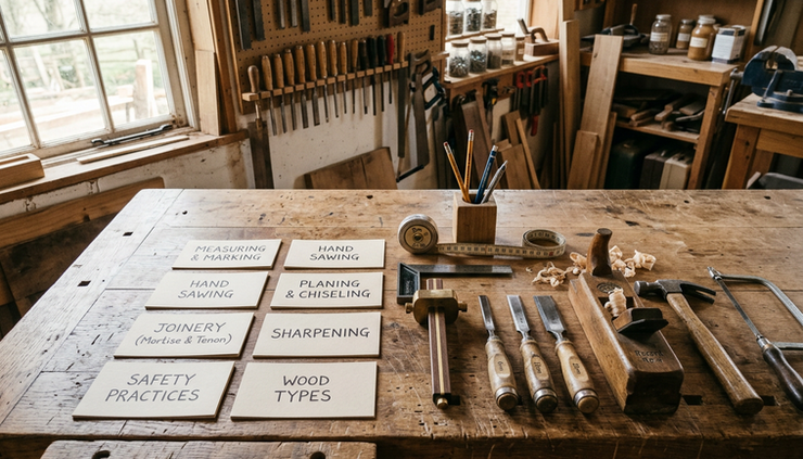 Wide-angle view of a workshop bench with labelled skills cards and hand tools