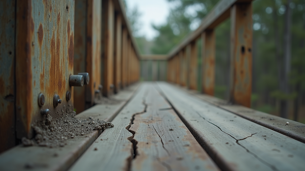 Eye-level view of deck railing with visible rusted bolts and cracked wood