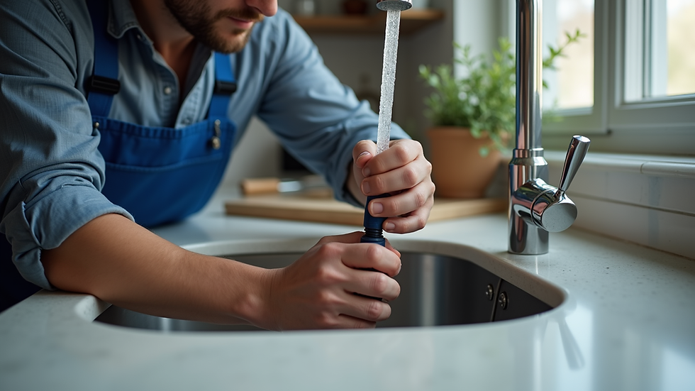 Close-up view of a plumber fixing a kitchen sink faucet