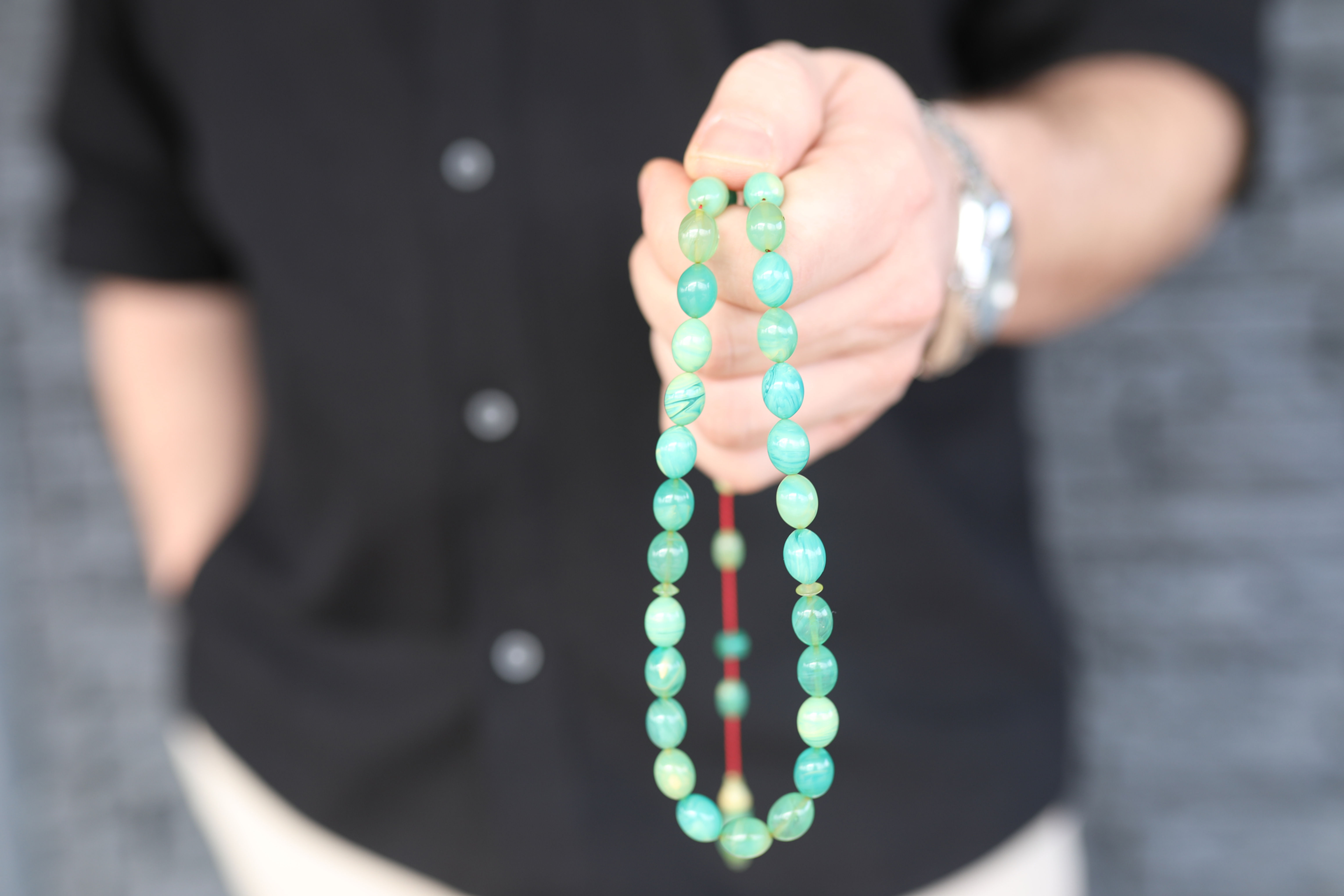 Mastercrafted Emerald Green & Lime Green Colored Pressed Amber Tasbih – Oval Cut