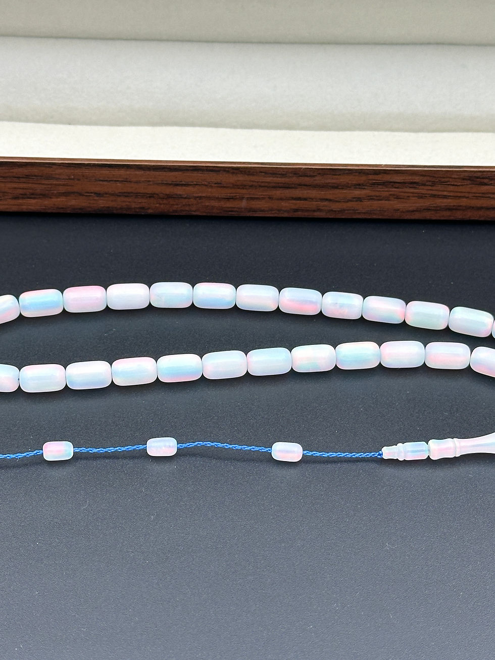 Thumbnail: Opal Tasbih – Iridescent White Barrel Cut