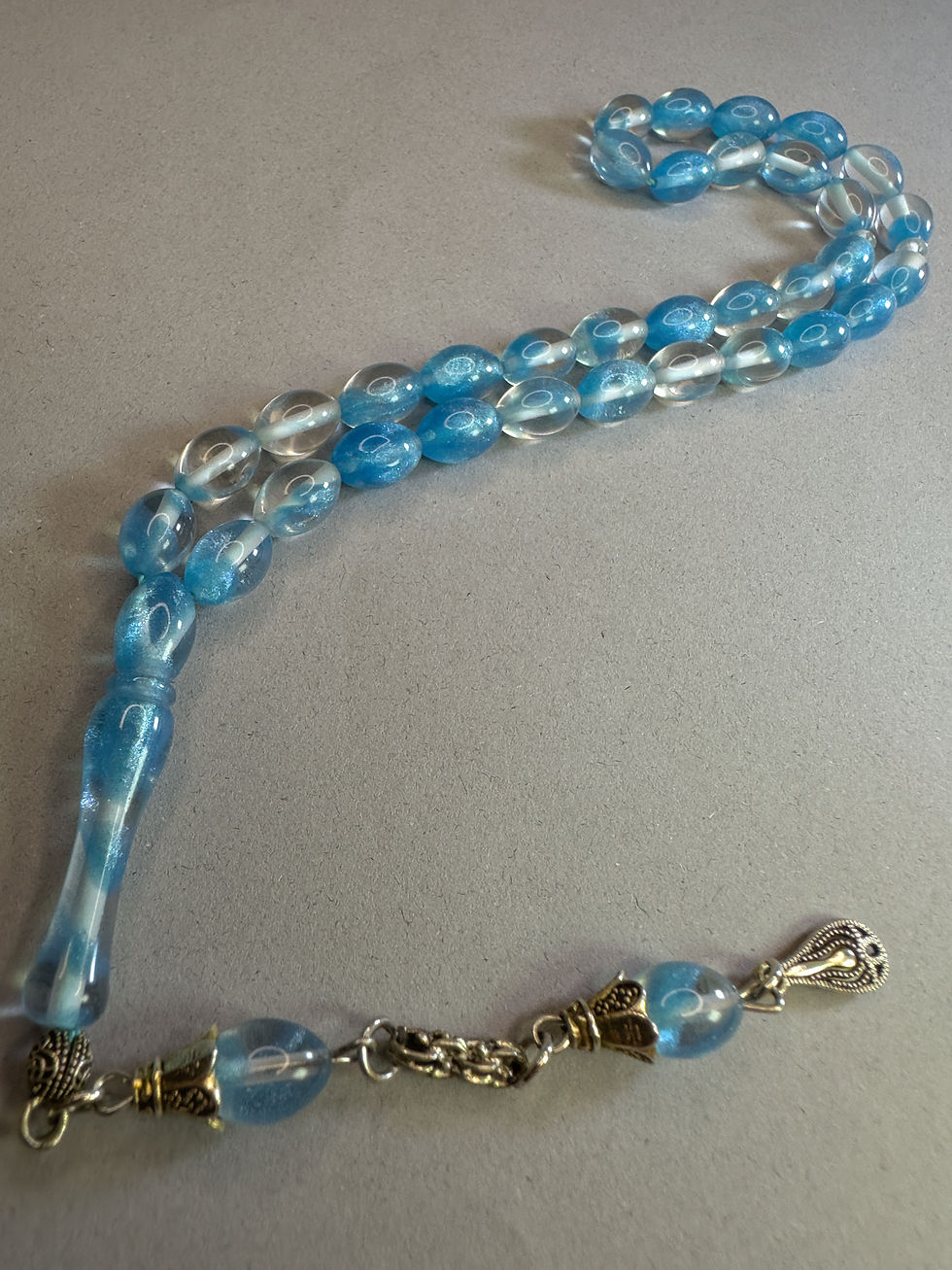 Miniaturbild: Sparkly Blue & Gold Fire Amber Rosary - Shimmering Effect Prayer Beads -Oval cut