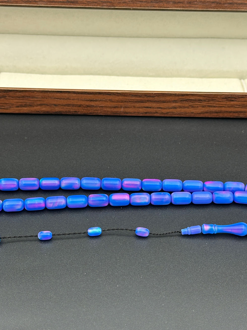Thumbnail: Opal Tasbih – Aurora Blue Iridescent Barrel Cut