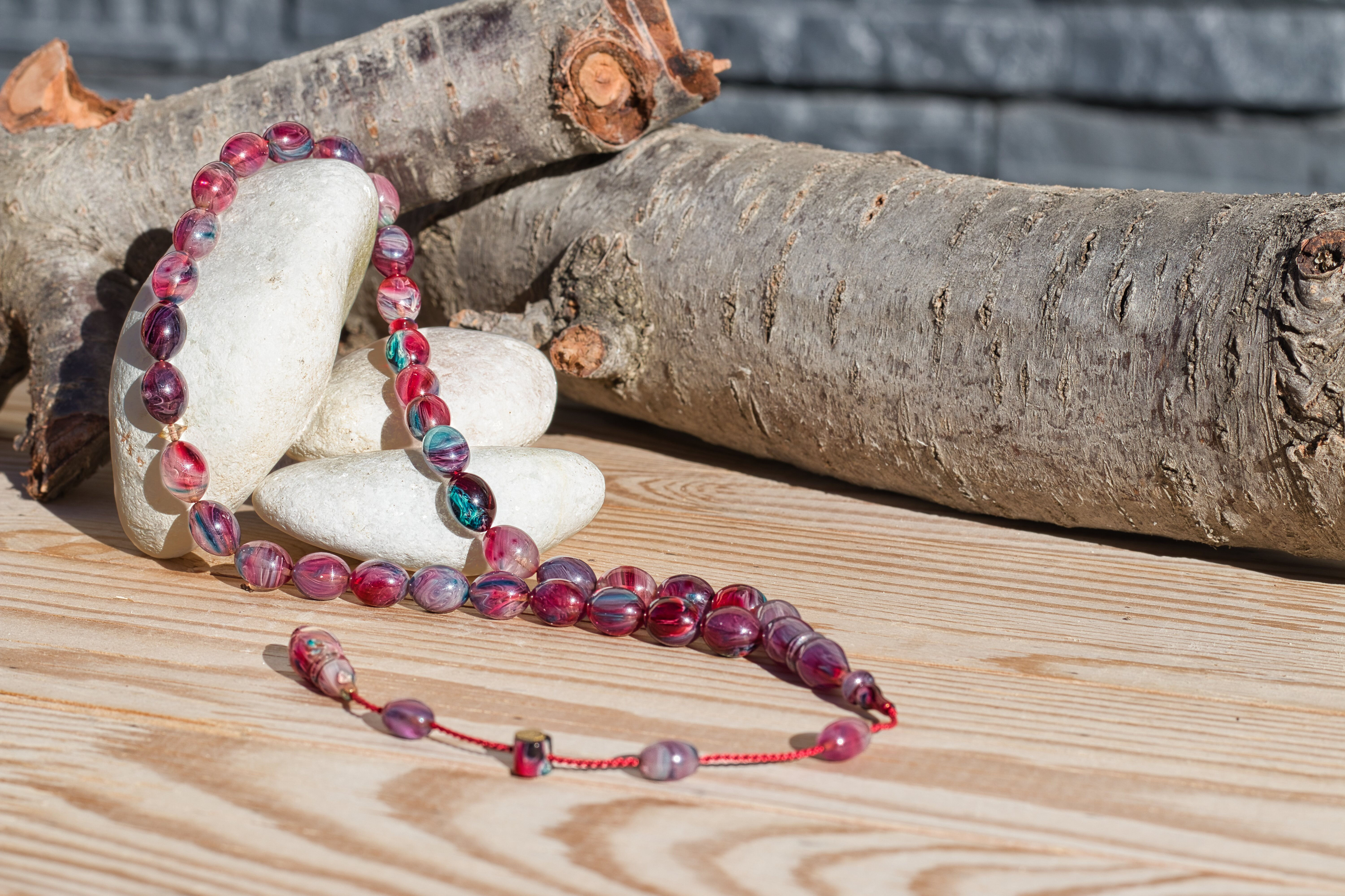 Mastercrafted by Ayhan Turan Purple & Burgundy Pressed Amber Tasbih – Oval Cut