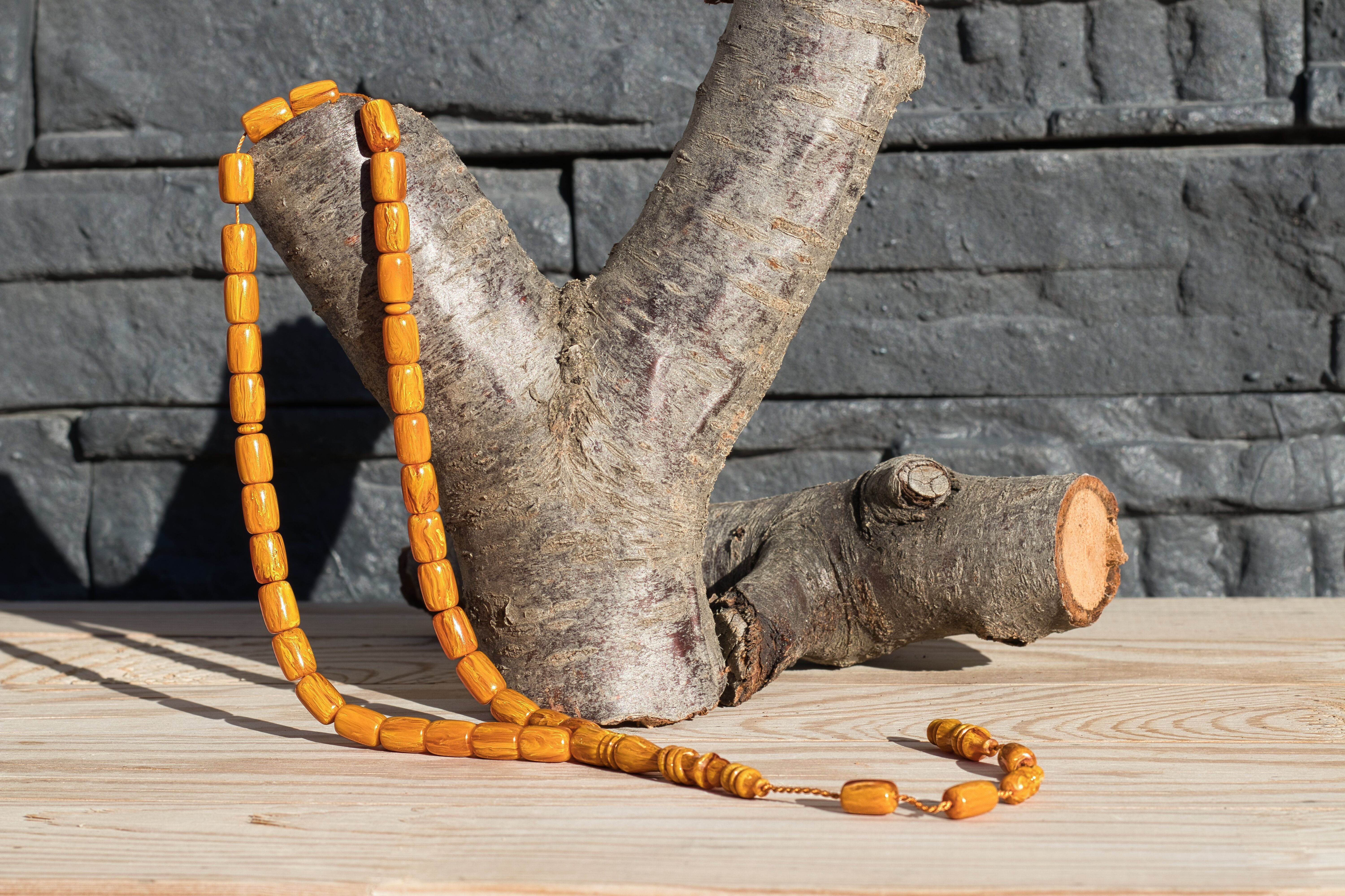 Mastercrafted Mustard Yellow Pressed Amber Tasbih – Barrel Cut