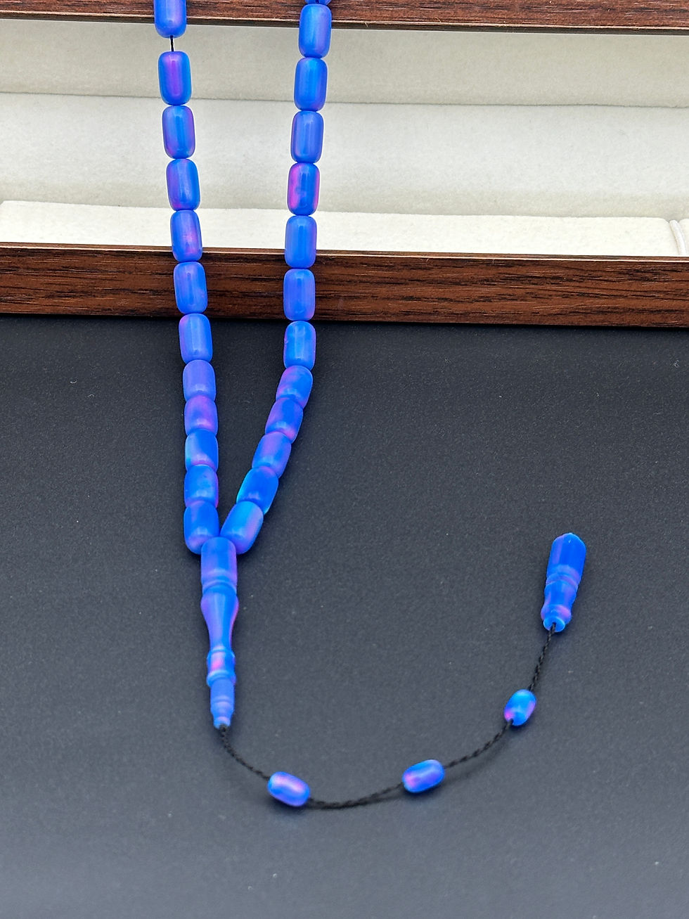 Thumbnail: Opal Tasbih – Aurora Blue Iridescent Barrel Cut