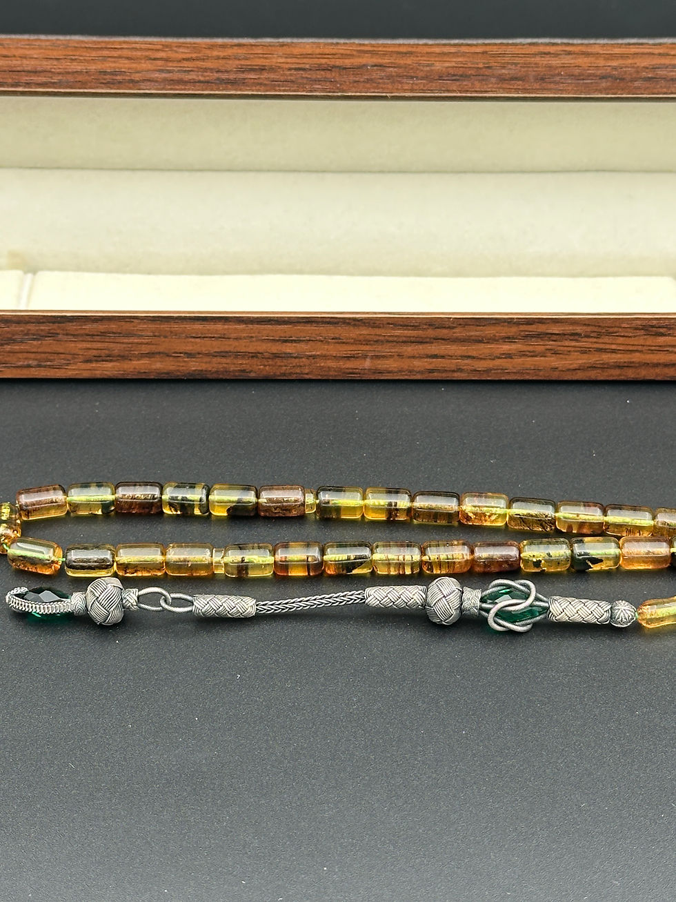 Thumbnail: Dominican Amber Tasbih – Fossil Gradient Spectrum with pure silver Kazaz Tassel