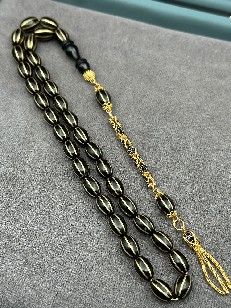 Thumbnail: German Catalin Tasbih – Black Brass Inlay Oval Cut 925 Silver BlackZircon Tassel
