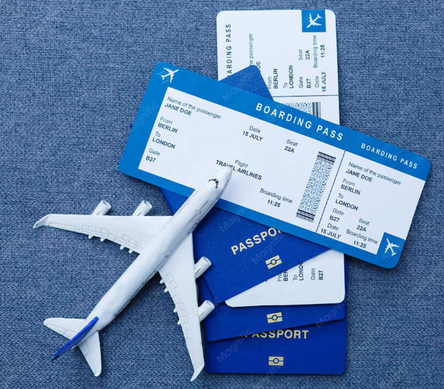 Boarding passes, passports, and a toy airplane