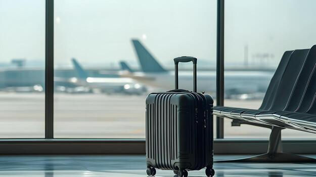 Suitcase in airport terminal with airplanes in background