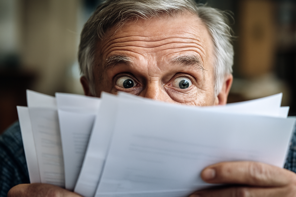 Close-up of a worried older man in his 70s peering over a stack of papers, eyes wide as if reading a Medicaid letter.
