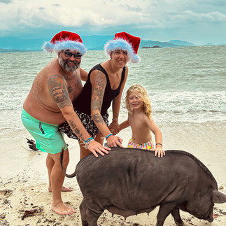 Family stroking a pig on Pig Island