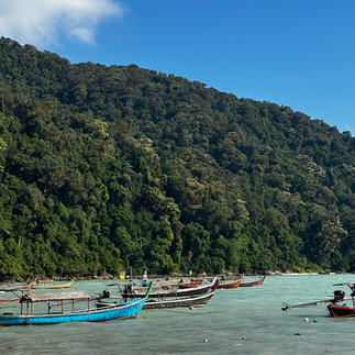 Hills of the Surin Islands with boats in the sea