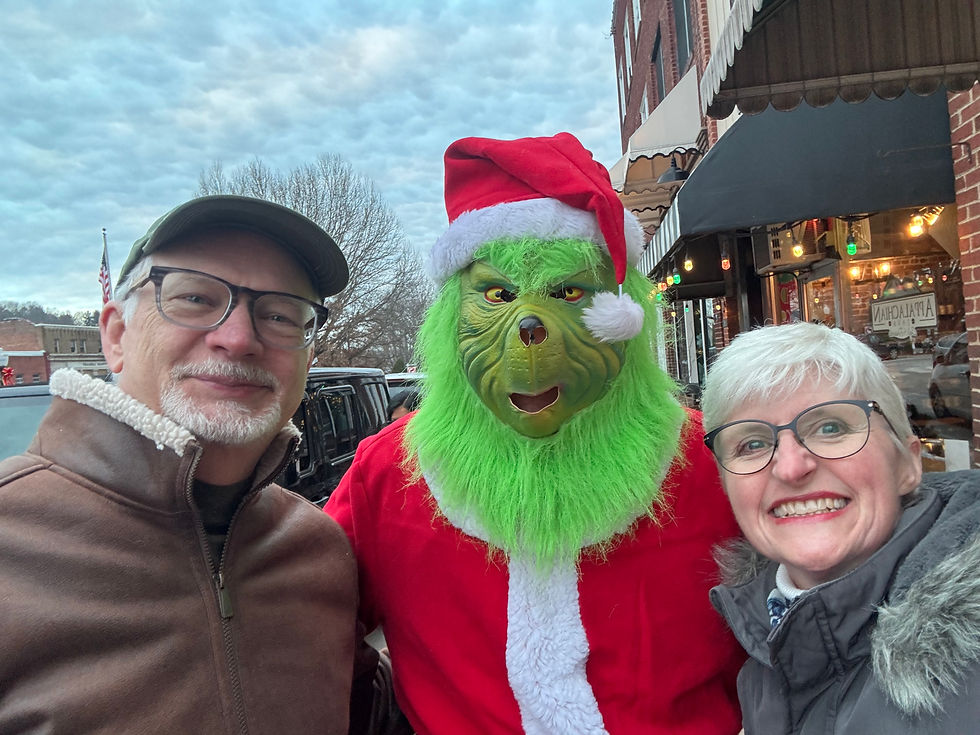 Susan Dosier and Des Keller with Grinch in Burnsville NC, 2025