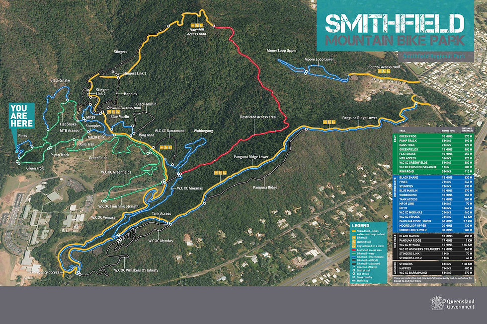 Map of Smithfield Mountain Bike Park with colored trails marked: blue, green, red, yellow. "You Are Here" sign indicates location.