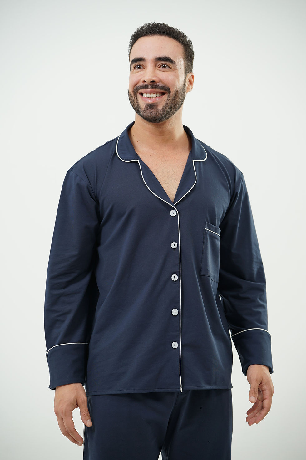 Miniatura: Pijama hombre Azul Navy manga larga - detalle cuello solapa Katty