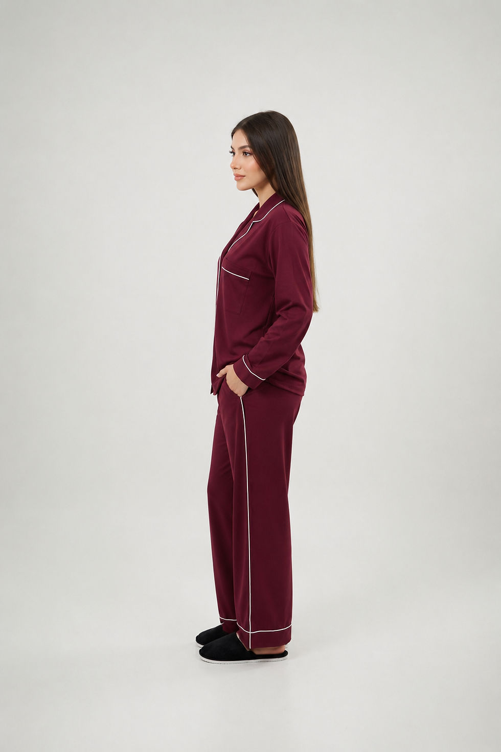 Miniatura: PIJAMA LARGA MUJER CLÁSICO BORGOÑA