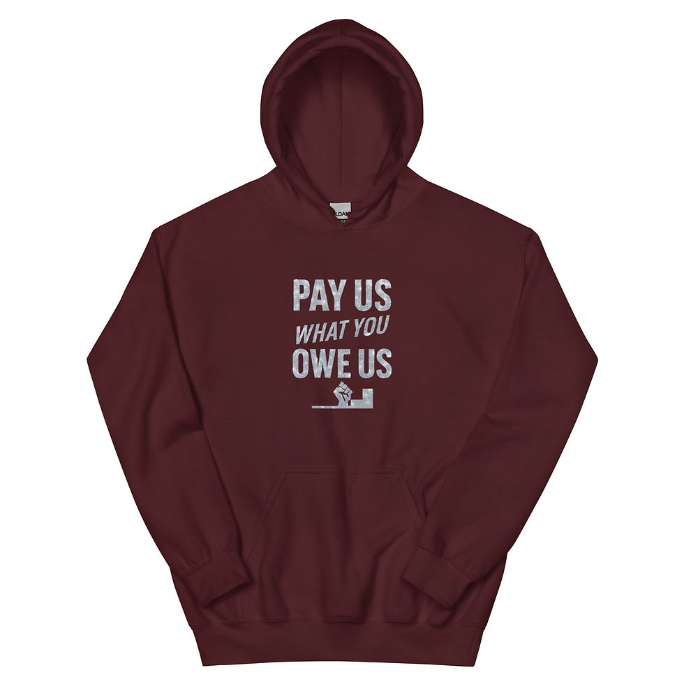 Thumbnail: “Pay Us What You Owe Us” shines in silver with a glittered fist Hoodie