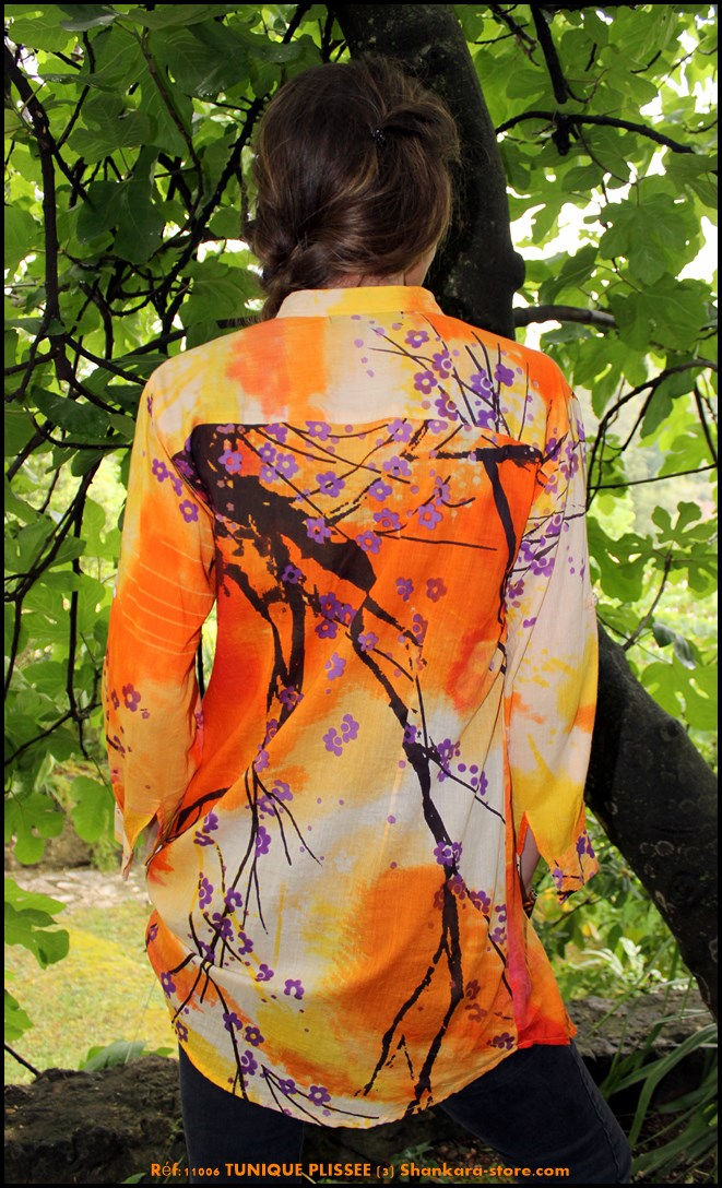 Miniature : Tunique Plissée - Fleurs de Prunier - Orange - 11006TP