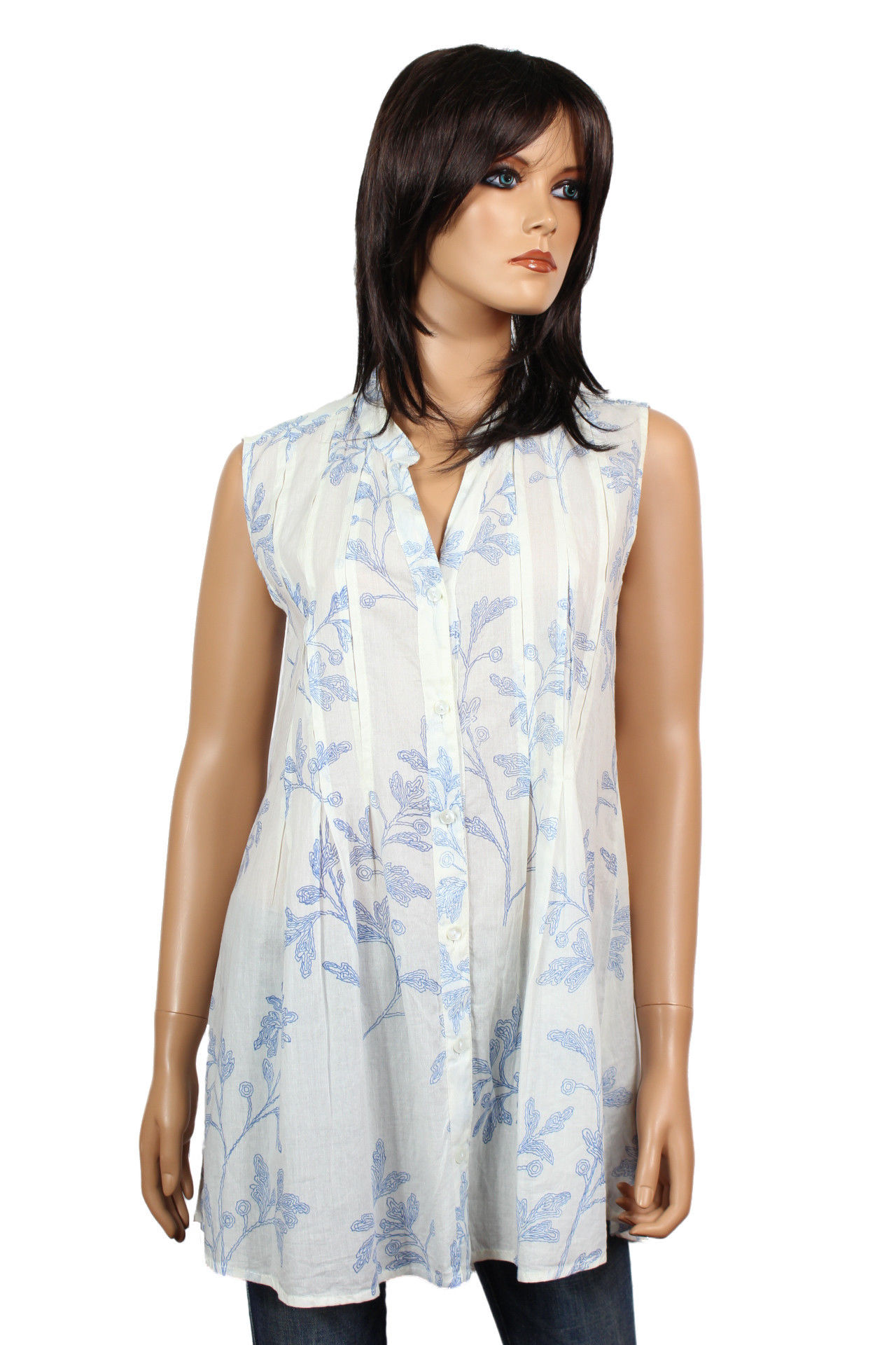 Tunique Sans-Manche - Blanche - Fleurs bleues -14019TSM