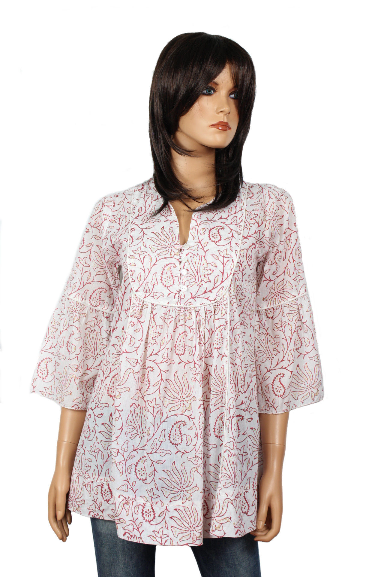 Tunique Romantique - Blanche  - Block print rouge - 14006TR