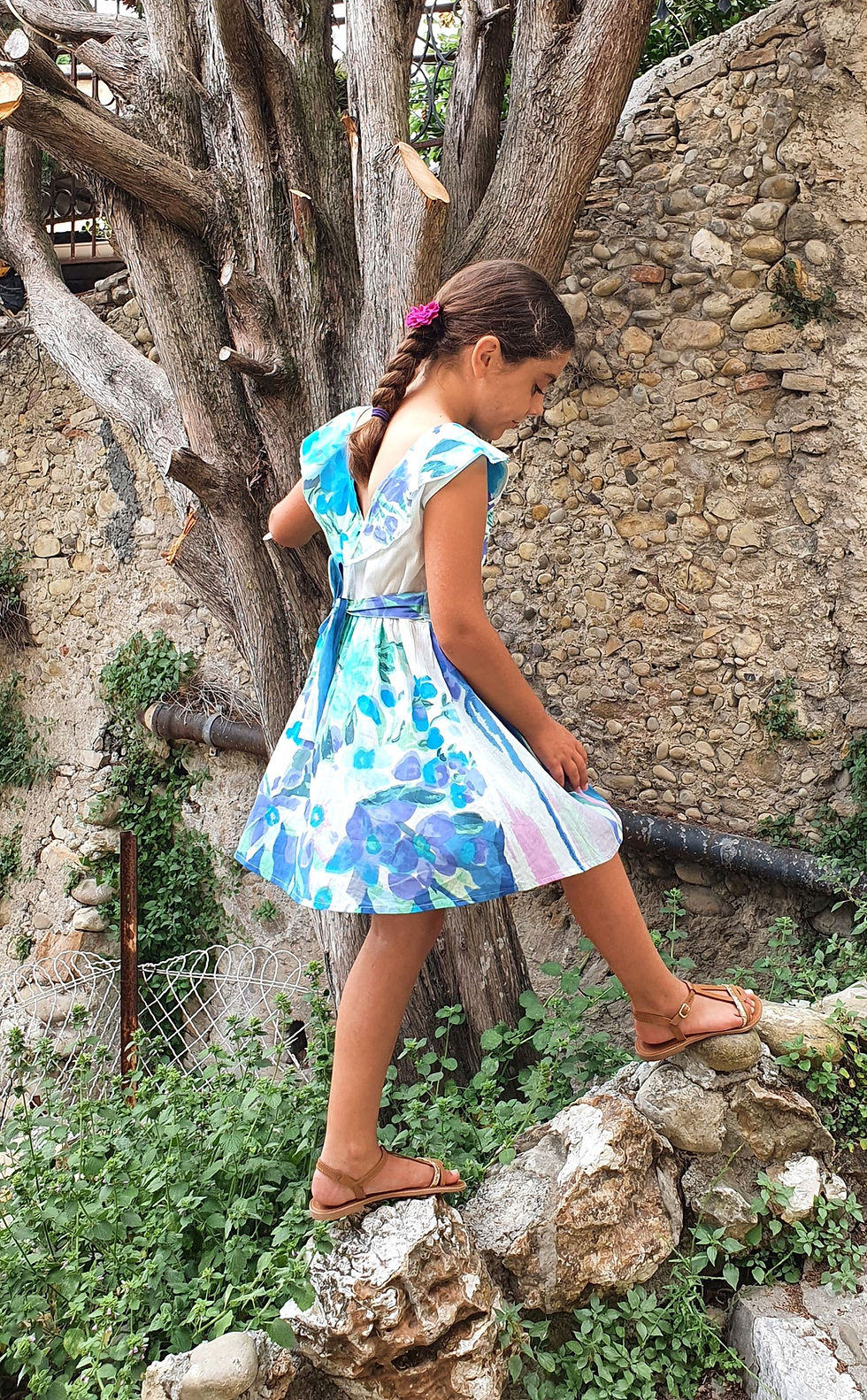 Miniature : Robe Col rond fille "Champ de fleurs" - Bleues - 18022FRBC