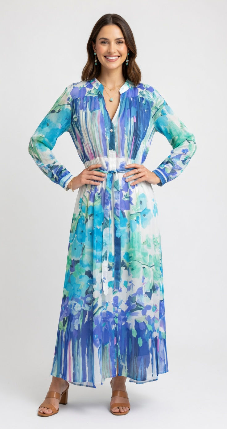 Miniature : Robe Longue Plissée -  Champ de fleurs - Bleue - 20038RBLPL