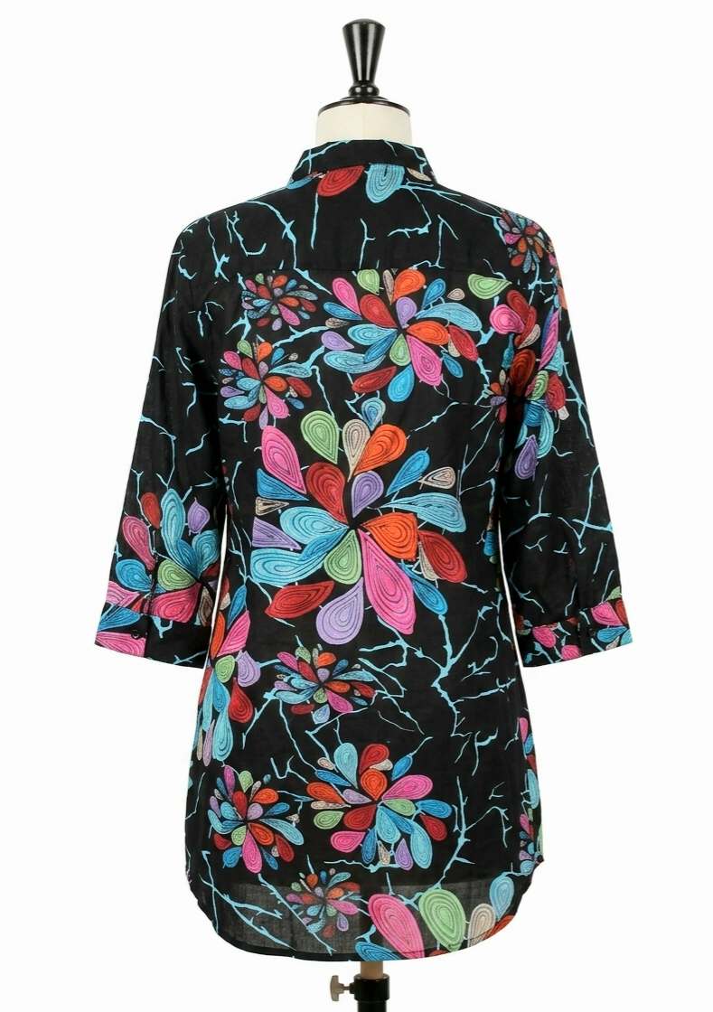 Miniature : Tunique Plissée - Fleurs de Corail - Noire - 11015TP