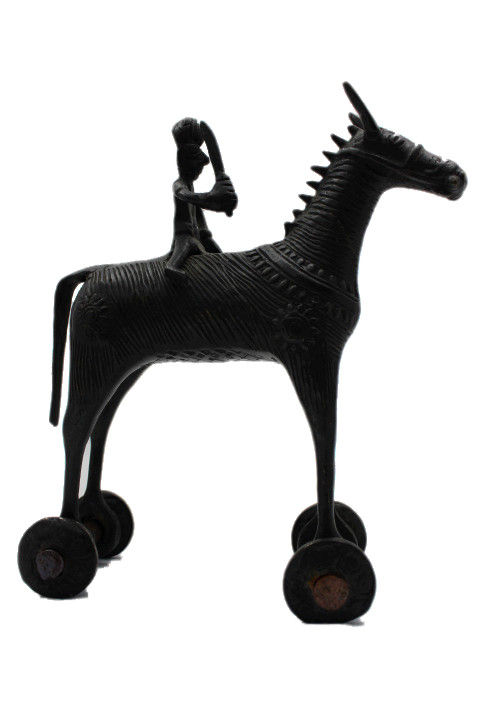 Miniature : Statue Cheval Bankura à roulettes Dhokra Bronze N352