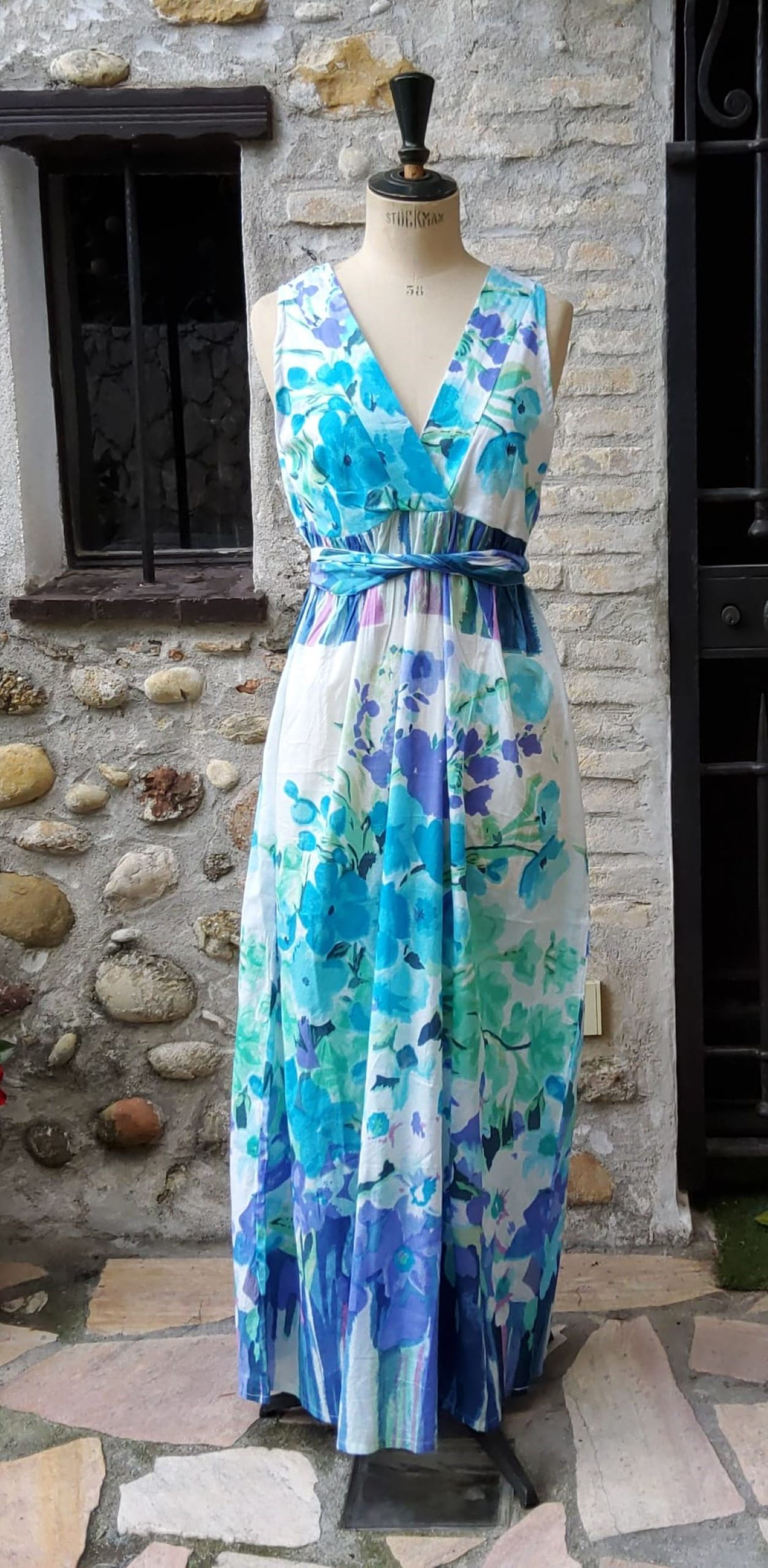 Robe Longue Empire - Champ de fleurs - Bleue - 20020RBLE