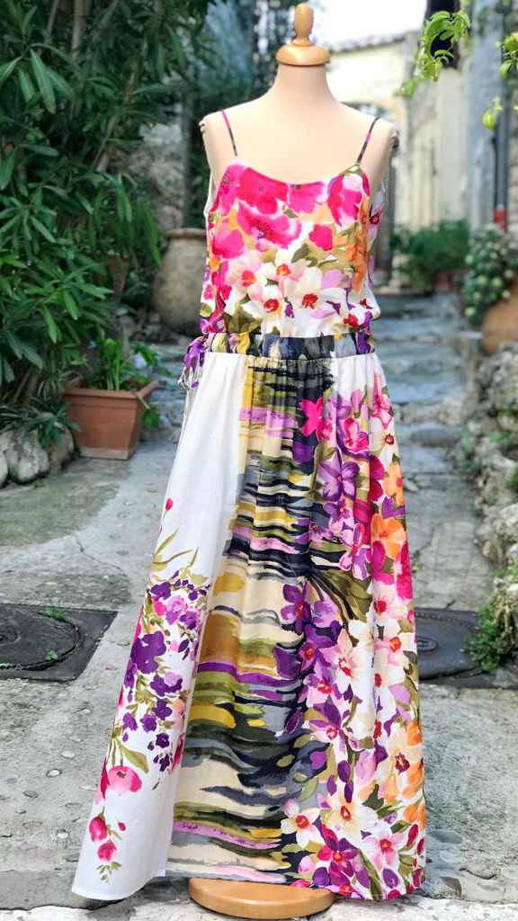 Robe longue femme made in France "Champ de fleurs" fuschia